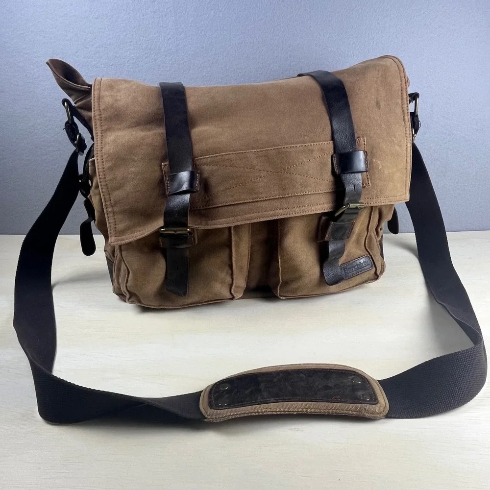 Berchirly Canvas Messenger Bag Brown Vintage Satchel Leather Trim Shoulder Bag